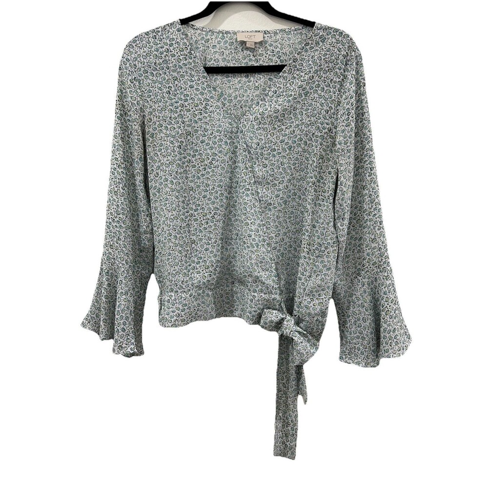 Loft Outlet Womens Size Small Top Floral Faux Wrap Tie Waist 3/4 Sleeve V Neck